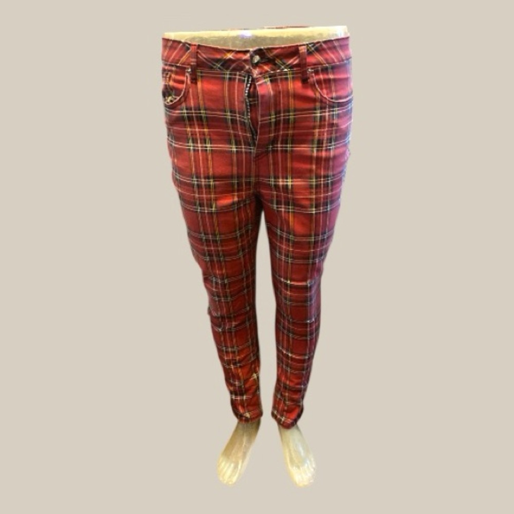 Red Plaid Denim 5-Pocket skinny jeans